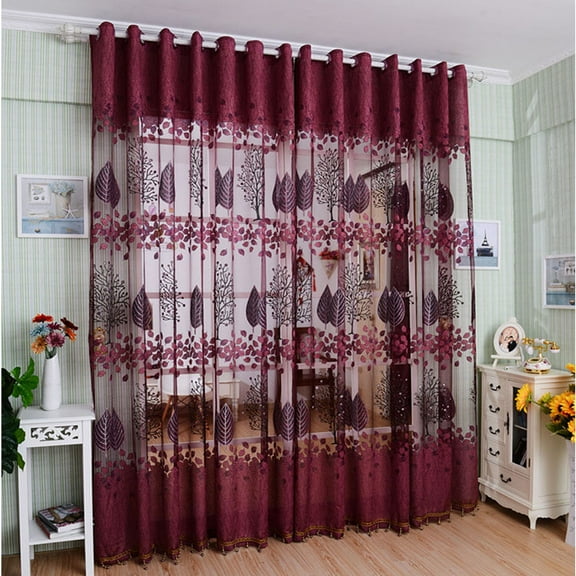 Teissuly Designs High-grade Fortune Tree Billet Orchid Sheer Leaf Curtains for Patio Doors with Tassels Patio Door Curtain for Sliding Door or Extra Wide Curtain Panels