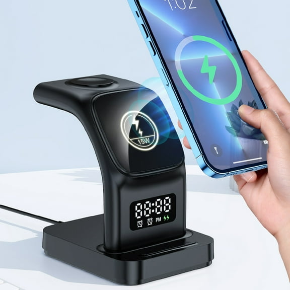 Teissuly Desktop Digital Display Five In One Wireless Charger Stand LED Alarm Clock Mobile Phone Watch Earphone 15W Wireless Charger