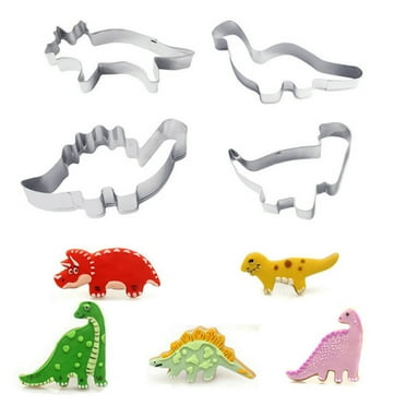 Teissuly Dinosaur Cookie Cutters Set - 4pcs Stainless Steel Dinosaur Biscuit Shape Molds for Baking Kitchen Tool - Dinosaur Cookie Cutters Set with Biscuit Pastry Cutters (Silver Dinosaur)