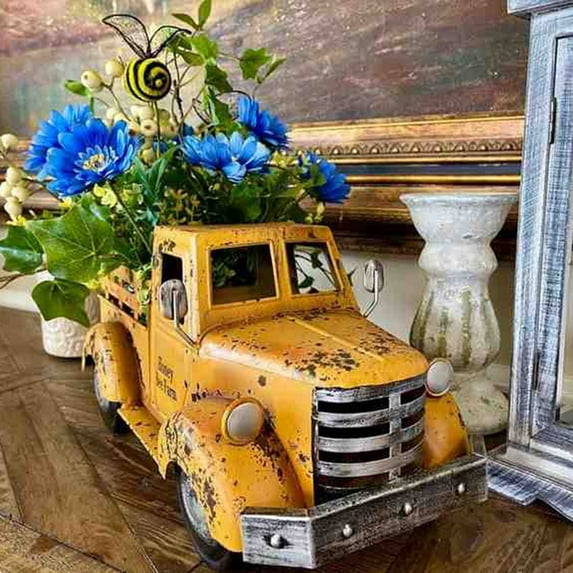 Teissuly Farmhouse Yellow Truck Metal Decor,Vintage Outdoor Iron Truck Decor, Rustic Pick-up Planter,Antique Car Decoration,Desktop Wine Rack Stand,Decorative Tabletop Storage