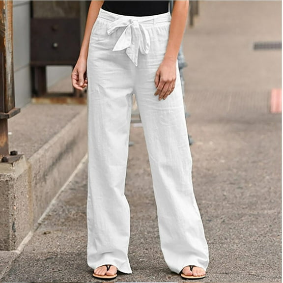 Teissuly Fashion Women Solid Color Linen Sashes Straight Casual Long Pants Trousers