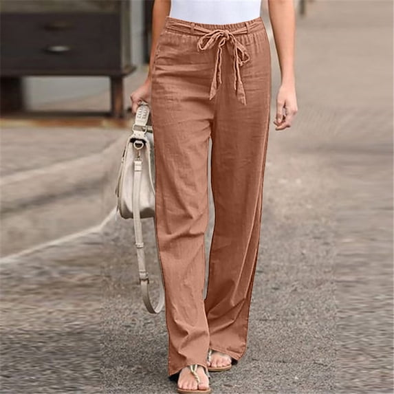 Teissuly Fashion Women Solid Color Linen Sashes Straight Casual Long Pants Trousers