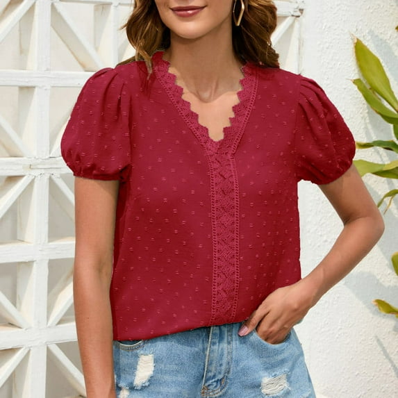 Teissuly Fashion Women Solid Color Short Sleeve Comfortable Breathable V-Neck Shirt Tops