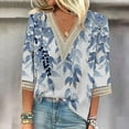 thumbnail image 1 of Teissuly Fashion Women's Summer V-Neck 3/4 Sleeve Lace Print Casual T-shirt Blouse, 1 of 5