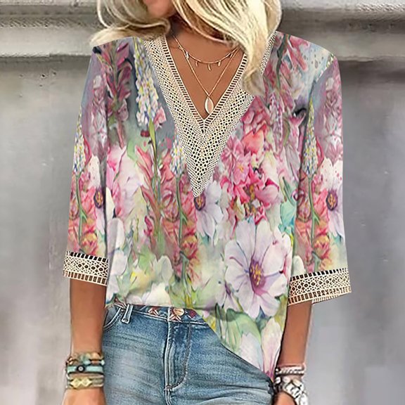 Teissuly Fashion Women's Summer V-Neck 3/4 Sleeve Lace Print Casual T-shirt Blouse