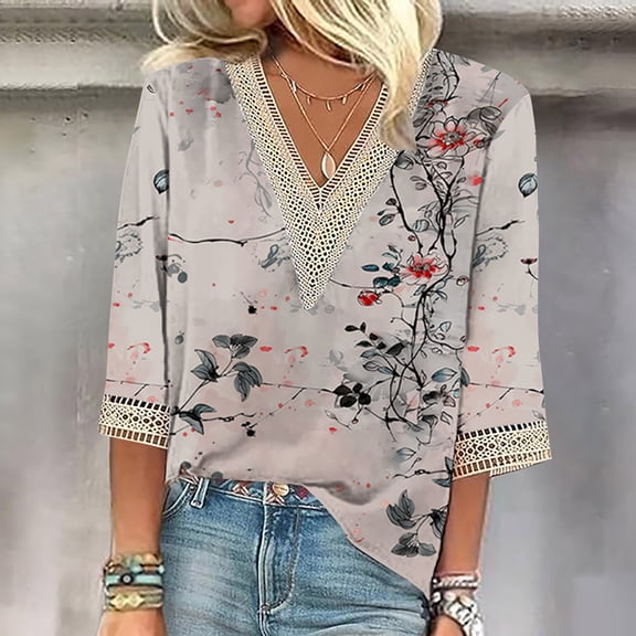 Teissuly Fashion Women's Summer V-Neck 3/4 Sleeve Lace Print Casual T-shirt Blouse