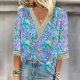 thumbnail image 1 of Teissuly Fashion Women's Summer V-Neck 3/4 Sleeve Lace Print Casual T-shirt Blouse, 1 of 5