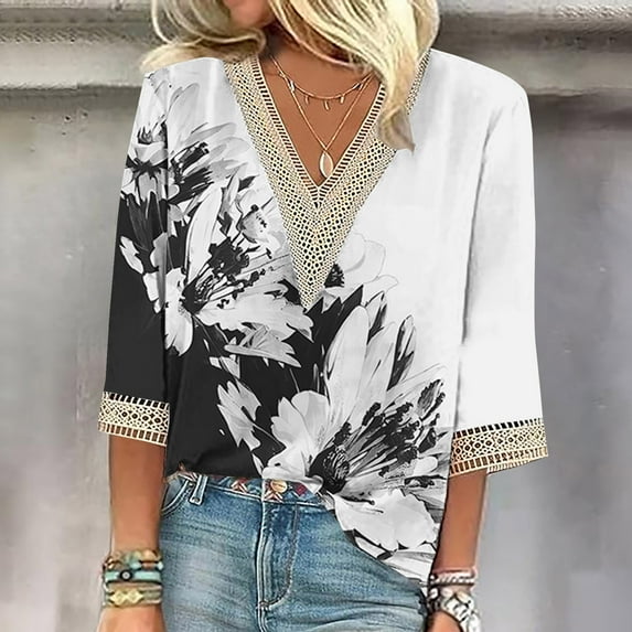 Teissuly Fashion Women's Summer V-Neck 3/4 Sleeve Lace Print Casual T-shirt Blouse