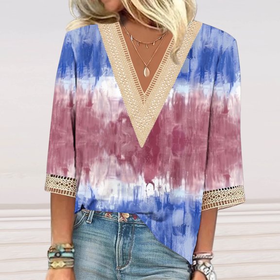 Teissuly Fashion Women's Summer V-Neck 3/4 Sleeve Lace Print Casual T-shirt Blouse