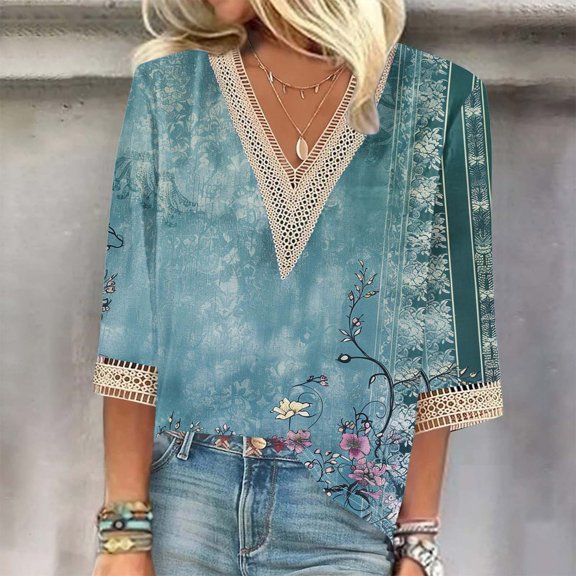 Teissuly Fashion Women's Summer V-Neck 3/4 Sleeve Lace Splicing Print Casual T-shirt Blouse