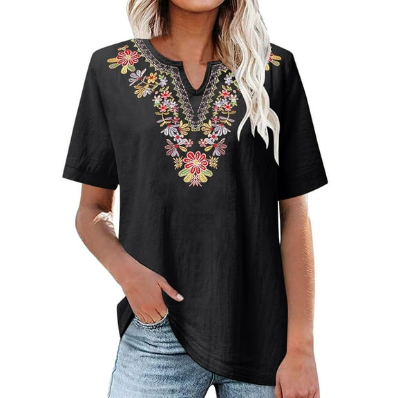 Teissuly Fashion Women's Summer V-Neck Short Sleeve Cotton Linen Solid Casual T-shirt Blouse