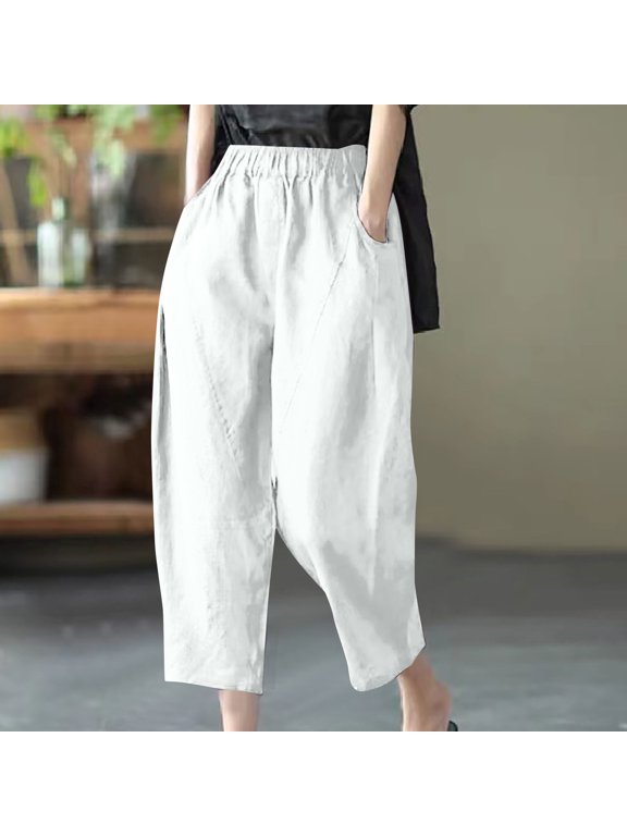 Fashion Womens Casual Solid Color Split Joint Elastic Loose Pants Straight Wide Leg Trousers With Pocket