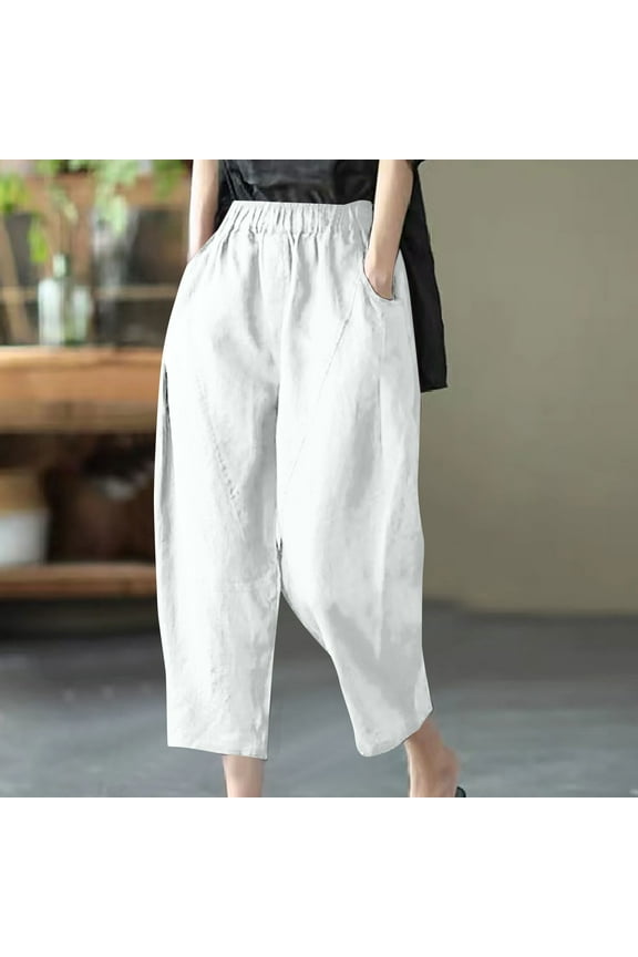 Fashion Womens Casual Solid Color Split Joint Elastic Loose Pants Straight Wide Leg Trousers With Pocket