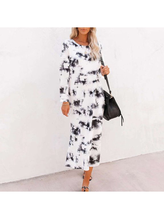 Fashion Womens Tie-Dye Long Sleeve Loungewear Sides Split Comfy Casual Dress