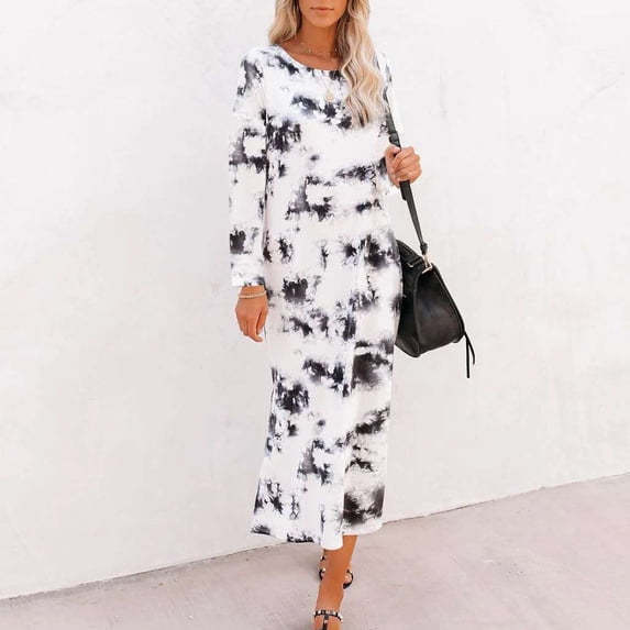 Teissuly Fashion Womens Tie-Dye Long Sleeve Loungewear Sides Split Comfy Casual Dress