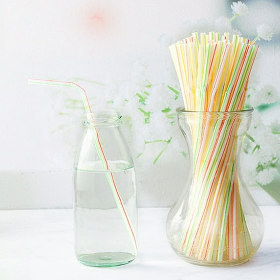 Teissuly Flexible Disposable Plastic Drinking Straws - 7.75" High - Assorted Colors Striped [400 Pack]