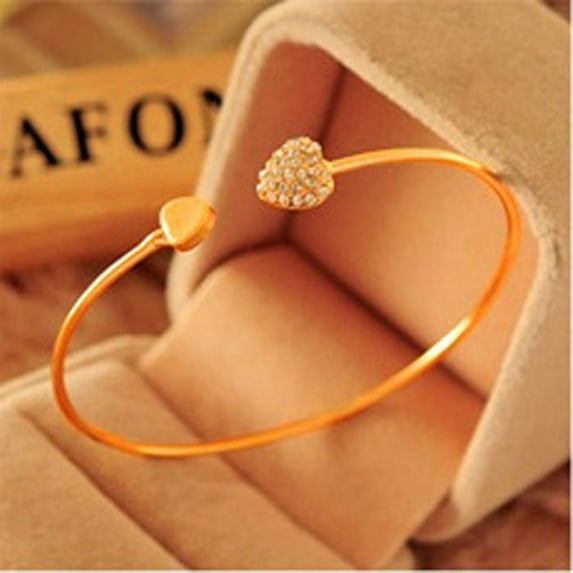 Teissuly Girl Heart Rhinestone Open Bangle Bracelet