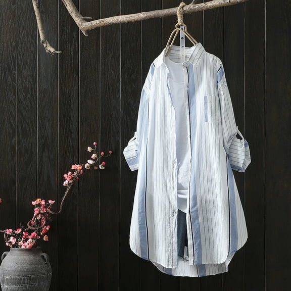 Teissuly Ladies Fashion Color Stripe Long Sleeve Cotton Casual Loose Shirt Coat