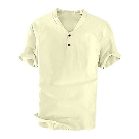 Teissuly Linen Men's Short Sleeved Solid Color Cotton Linen Casual Shirt Short Sleeved Foldable Collar Top Turndown Collar Blouse