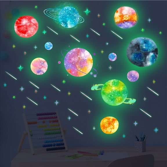 Teissuly Luminous Color Cosmic Planets in The Space Kids Wall Stickers Wall Decals Peel and Stick Removable Wall Stickers for Kids Nursery Bedroom Living Room Decorative Wall Stickers