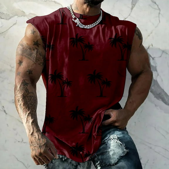 Teissuly Men Casual Fashion Printing Pullover Round Neck Sports Tank Tops Vest