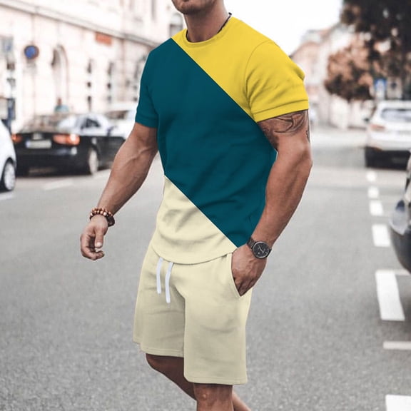 Teissuly Men Casual Round Neck T-Shirt Print Short Sleeve Blouse And Pants Set