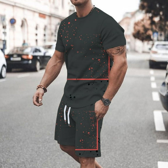 Teissuly Men Casual Round Neck T-Shirt Print Short Sleeve Blouse And Pants Set