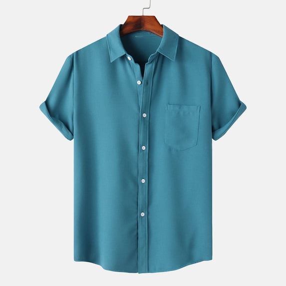 Teissuly Men Casual Solid Turndown Short Sleeve Button Closure Shirt Hawaii Blouse