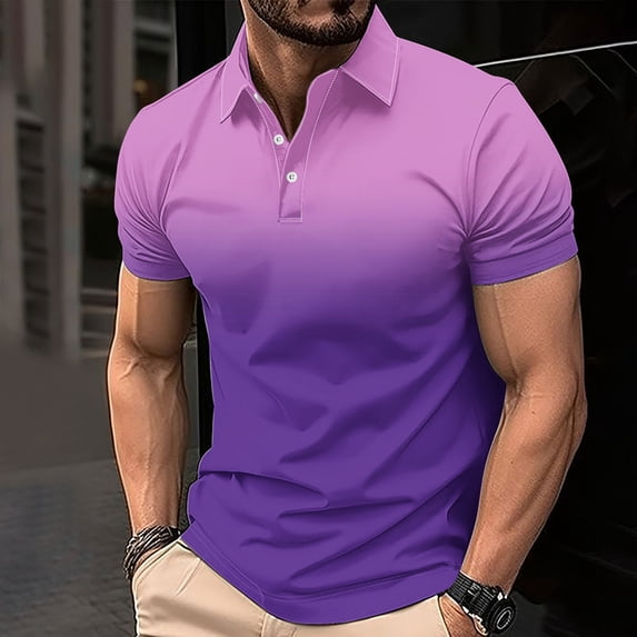 Teissuly Men's Casual Gradient Short Sleeved Lapel Button Up T-shirt Top