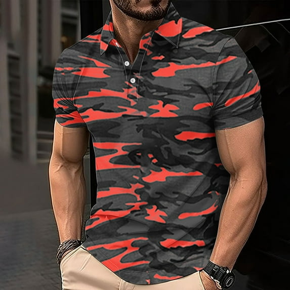 Teissuly Men's Casual Gradient Short Sleeved Lapel Button Up T-shirt Top
