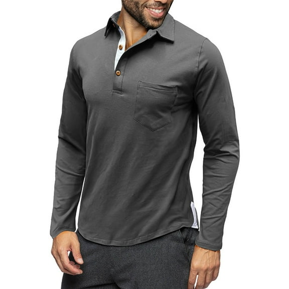 Teissuly Men's Casual Long Sleeved Solid Color Men's Lapel T-shirt American Retro Top Long Sleeved Lapel Top/shirt