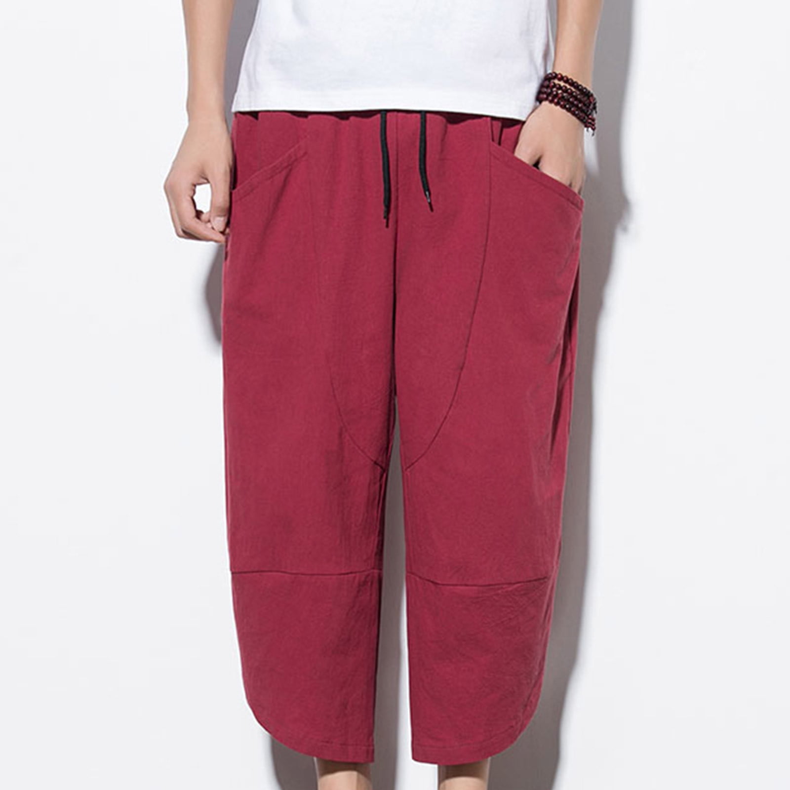 Mens Casual Loose Linen Cropped Pants