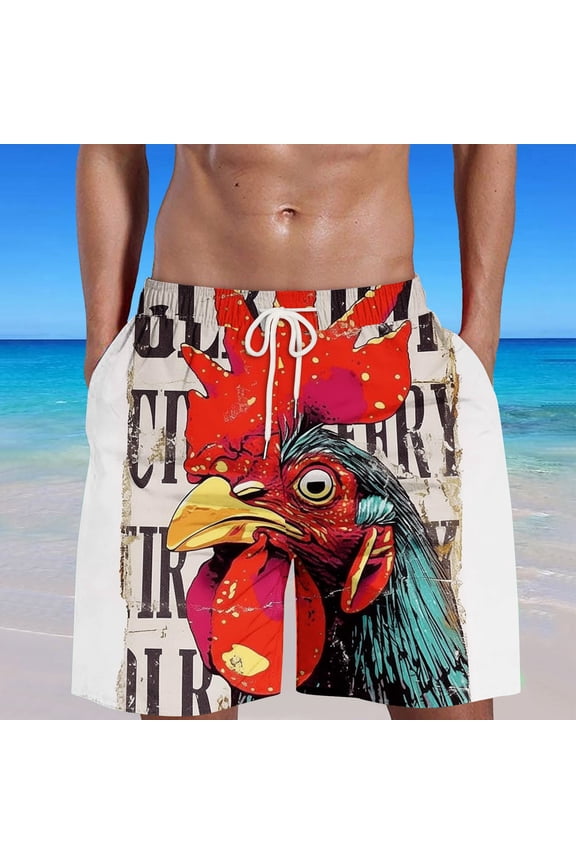 Men's Flame Printing Special Rooster Print Beach Casual Trouser Shorts Pant