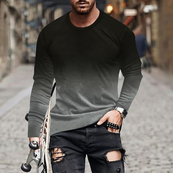 Teissuly Men's Gradient Color T-shirt Non Positioning Printing Long Sleeved Round Neck Casual T-shirt Blouses