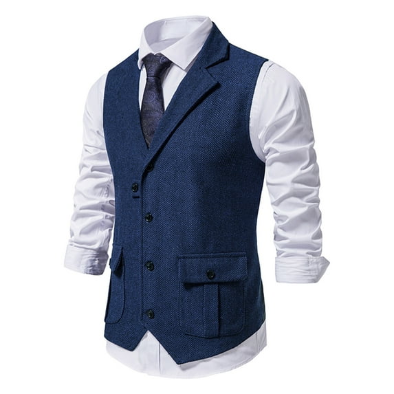 Teissuly Men's Herringbone Tweed Suit Vest Vintage Lapel Vest Men's Coat