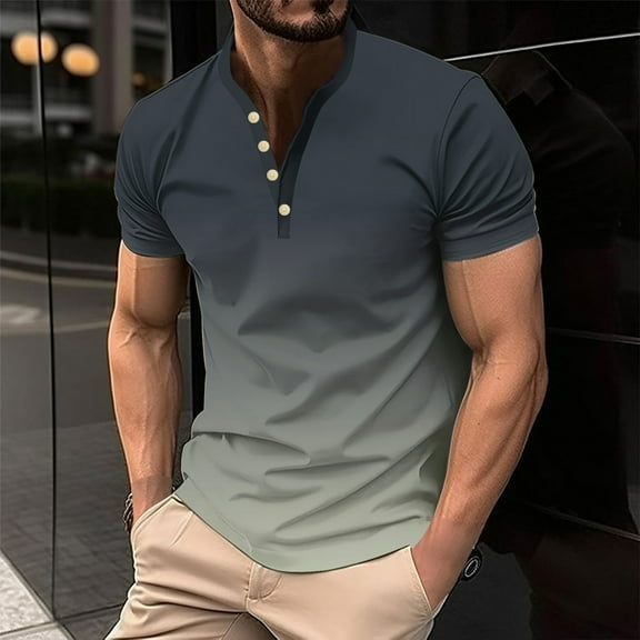 Teissuly Men's Printing Button Casual Short Sleeve Round-Neck Blouses Shirts