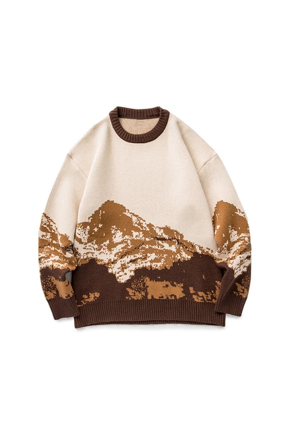 Men's Round Neck Long Sleeve Tie-dyeing Mountain Print Sweater Pullover Knit Top