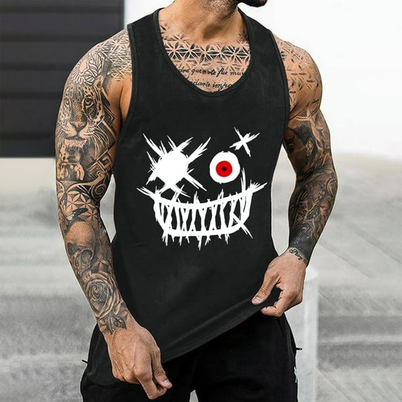 Teissuly Men's Tank Colorless Gradient Printing Round Neck Thin Strap Leakage Back Regular Casual Sports Tank Blouses