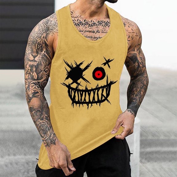 Teissuly Men's Tank Colorless Gradient Printing Round Neck Thin Strap Leakage Back Regular Casual Sports Tank Blouses