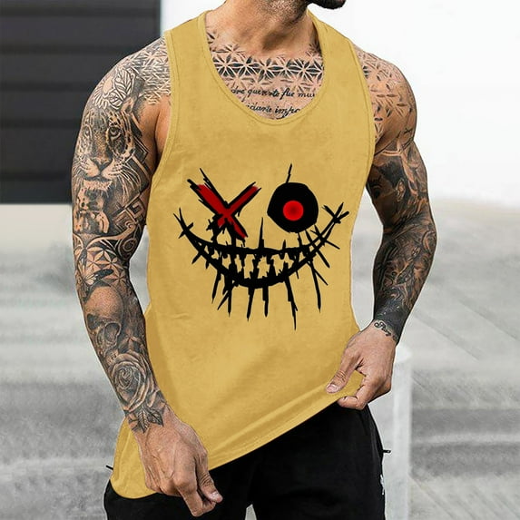 Teissuly Men's Tank Colorless Gradient Printing Round Neck Thin Strap Leakage Back Regular Casual Sports Tank Blouses