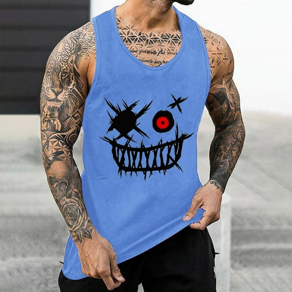 Teissuly Men's Tank Colorless Gradient Printing Round Neck Thin Strap Leakage Back Regular Casual Sports Tank Blouses