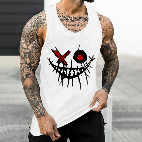 Teissuly Men's Tank Colorless Gradient Printing Round Neck Thin Strap Leakage Back Regular Casual Sports Tank Blouses