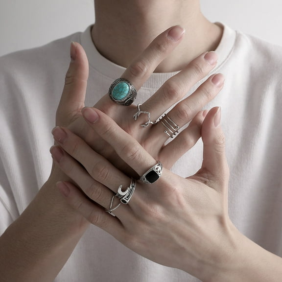 Teissuly Men's Turquoise Wrench Antler 6-Piece Set,Retro Trend In Europe And America