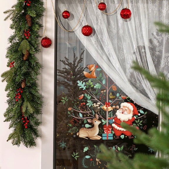 Teissuly New Christmas Stickers White Father Christmas Tree Window Decals Snowman Snowflake Deer Window Decoration Stickers