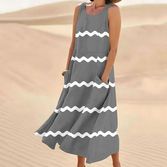 Teissuly New Women's Sleeveless Cotton And Linen Round Neck Printed Long Dress