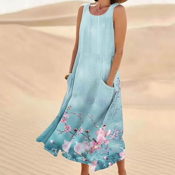 Teissuly New Women's Sleeveless Cotton And Linen Round Neck Printed Long Dress