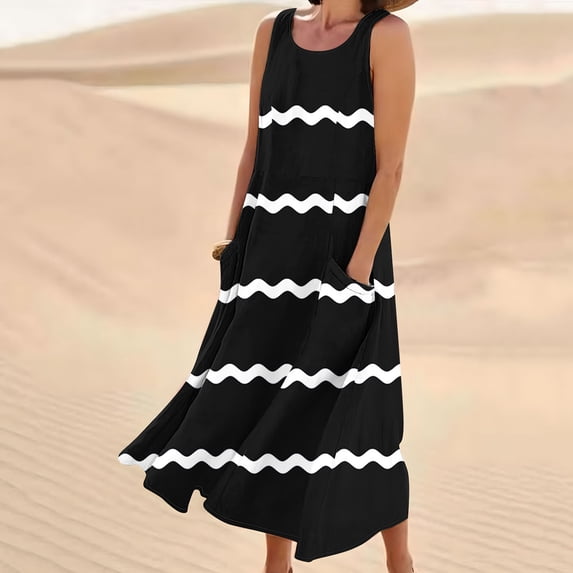 Teissuly New Women's Sleeveless Cotton And Linen Round Neck Printed Long Dress