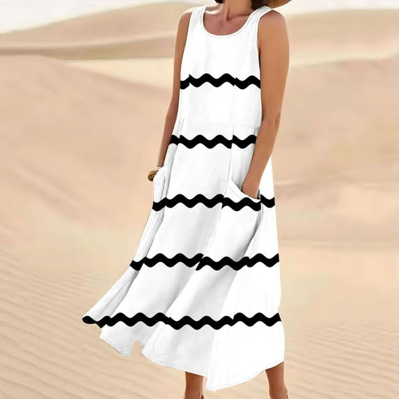 Teissuly New Women's Sleeveless Cotton And Linen Round Neck Printed Long Dress
