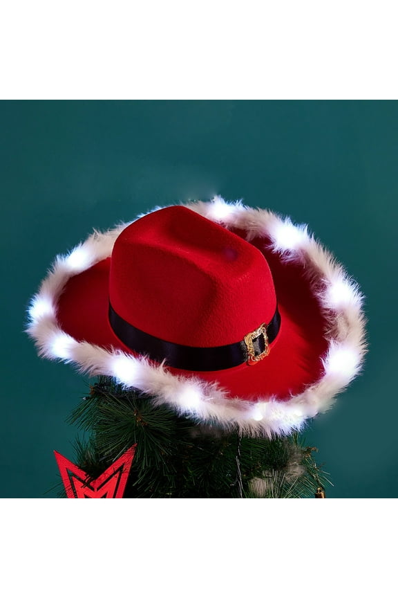 Novelties Adult Light Up Santa Claus Christmas Cowboy Hat - Light Up LED Lights Cowgirl Hats - Holiday Western Costume Accessory, Red White, One Size