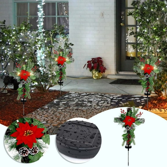Teissuly Outdoor Solar Lights Christmas Decorations, Cross Stake Lights with Faux Poinsettia Pine Cones Red Berries and Foliage for Garden Patio Grave